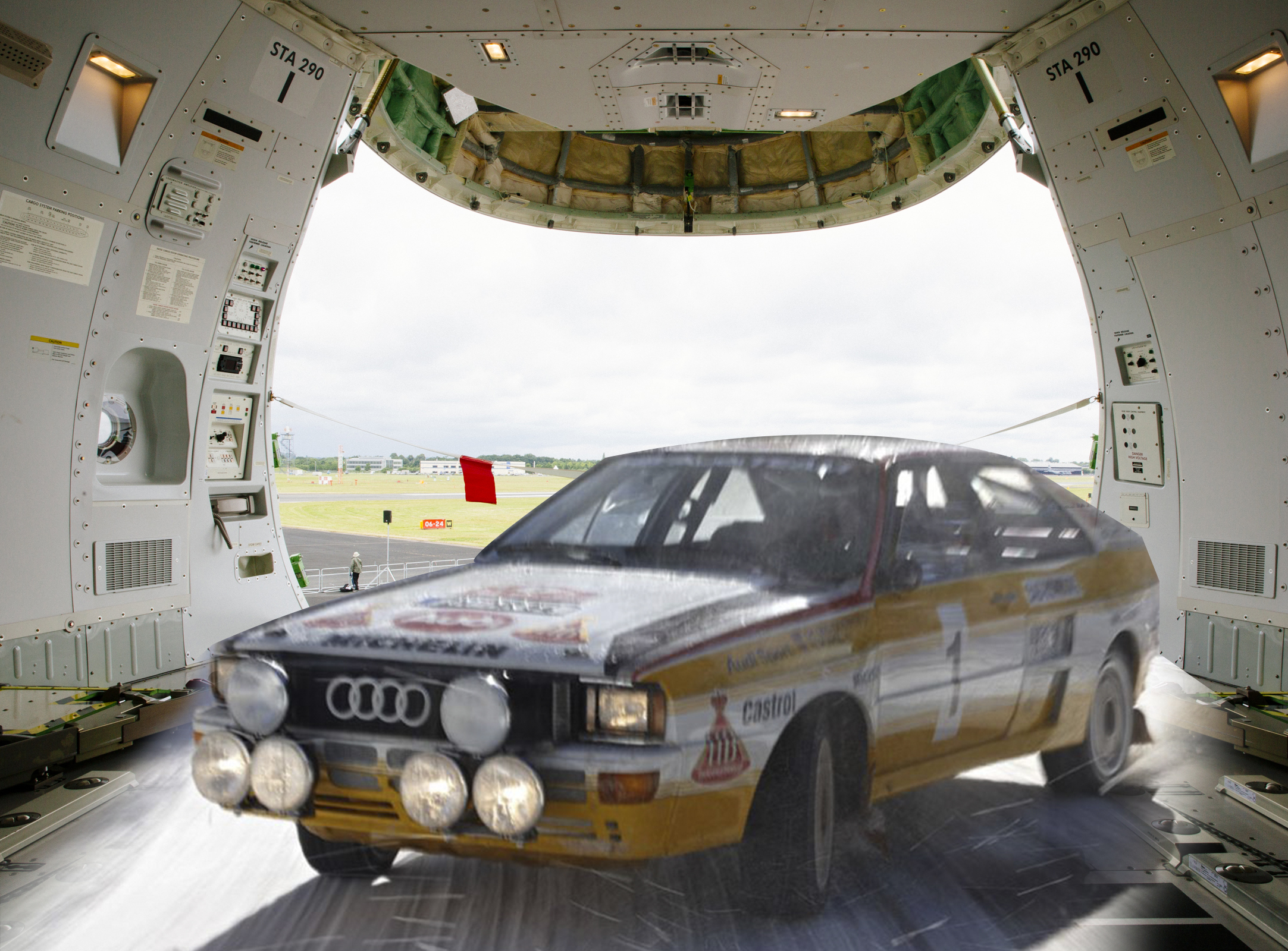 Audi ur-quattro Rally version is flying with an aircraft.